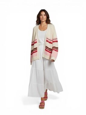 XíRENA Cream Striped Cardigan M Chunky Knit Boho Open Front Pink Red Cozy